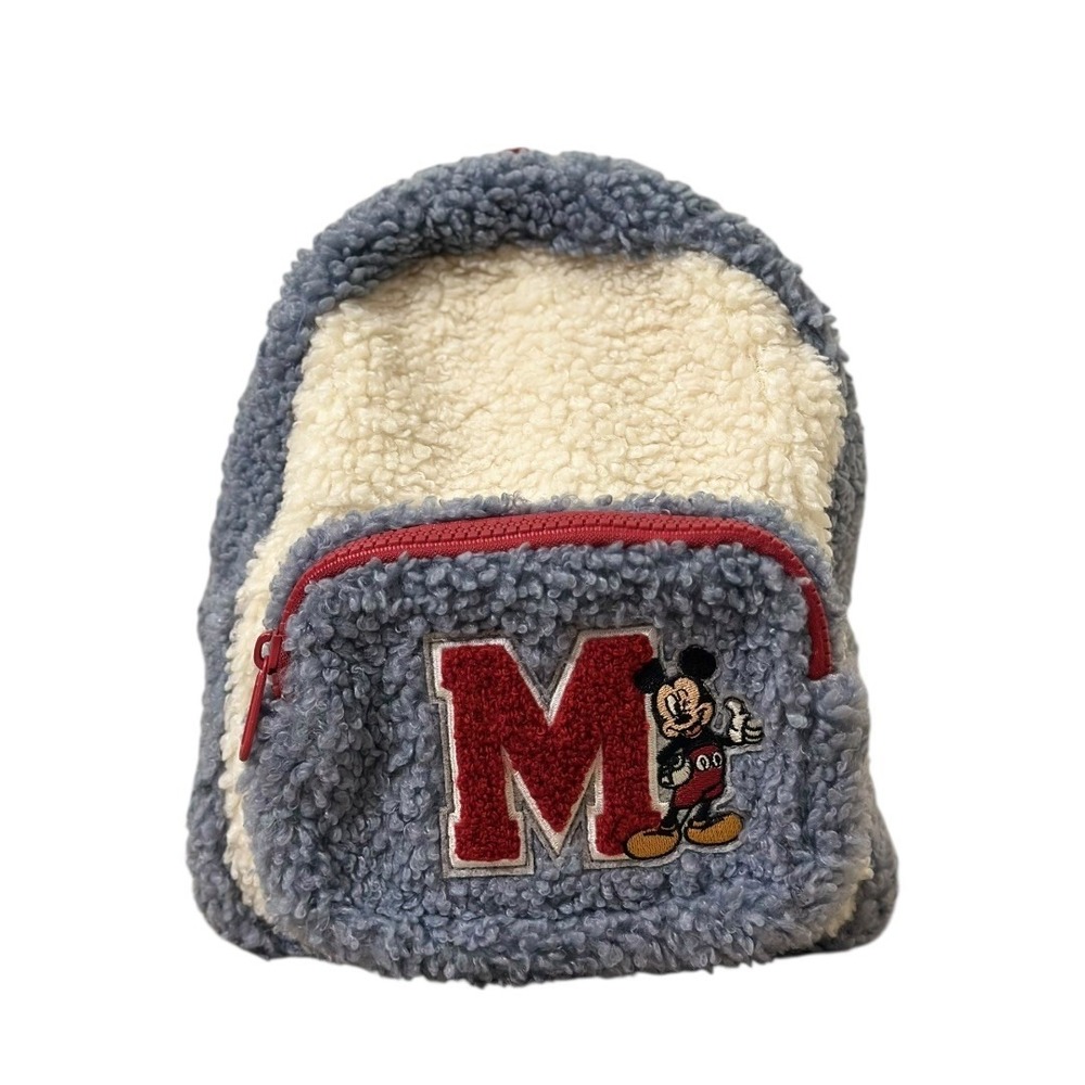 Disney Mickey Mouse Sherpa Mini Backpack Blue Cream Red Zippers M Patch